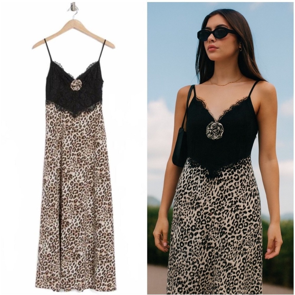 New WAYF Leopard Print Lace Bodice Maxi Dress‎ with Rosette Detail Size Small